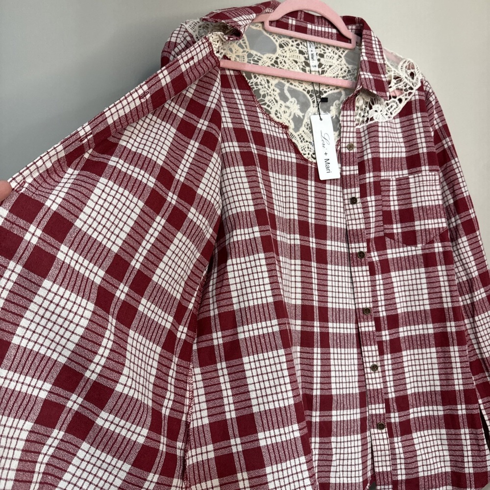 Lori + Mari Red Plaid Lace Yoke Shirt Cowgirl Western Button Down NWT L - Picture 9 of 14